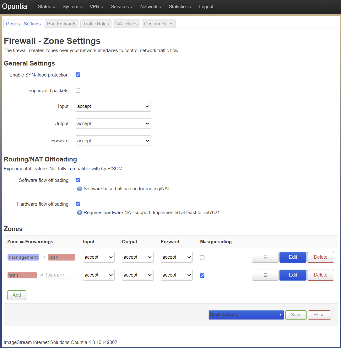 The main Firewall General Settings page