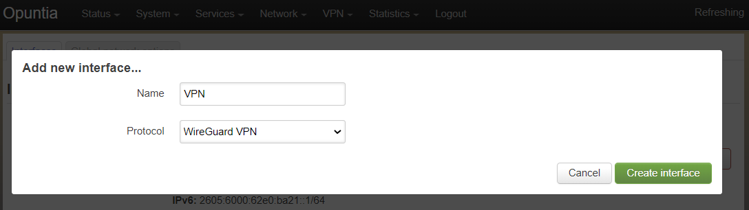 Screenshot showing the initial WireGuard Interface creation.