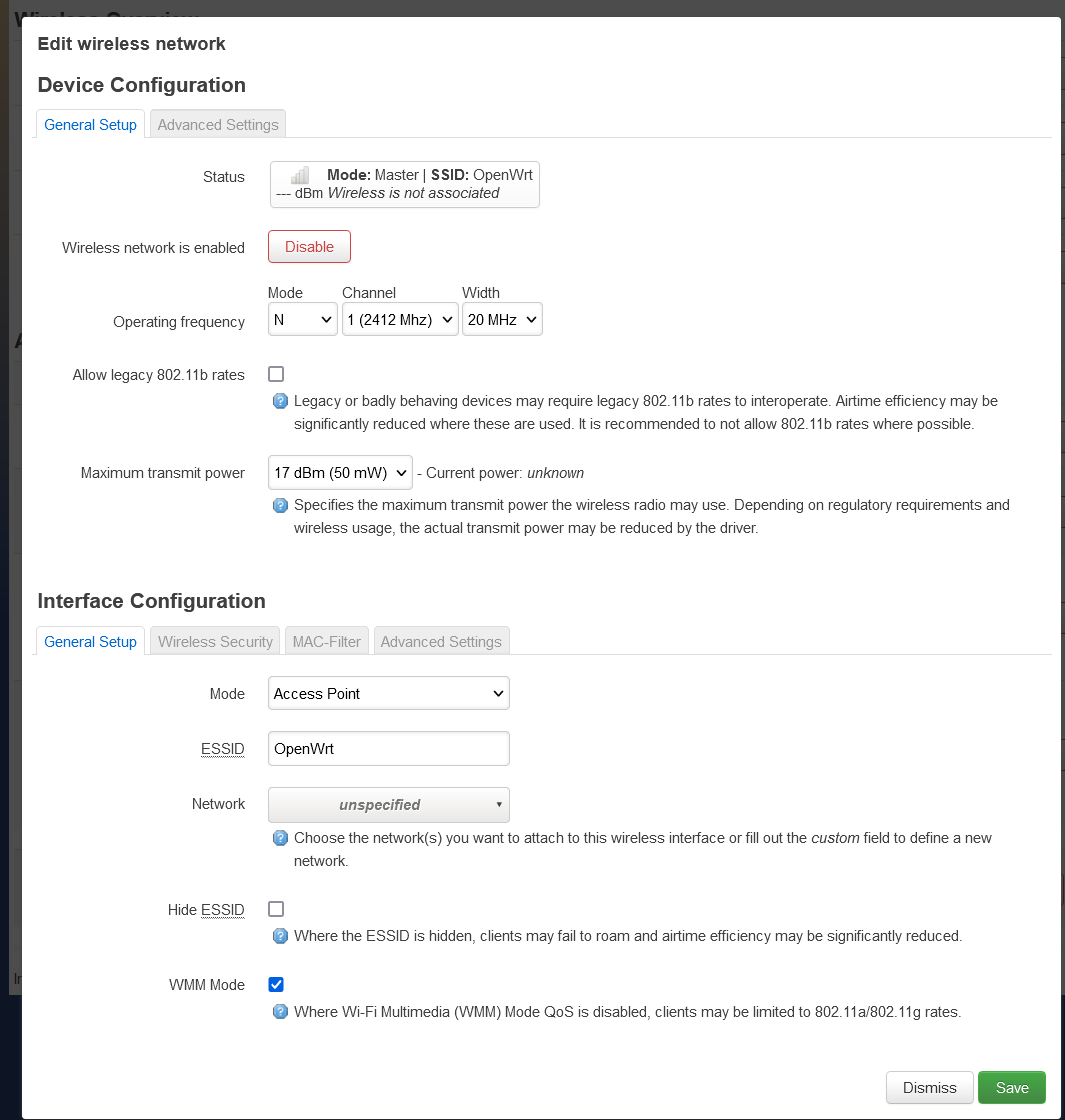 Wireless AP mode configuration