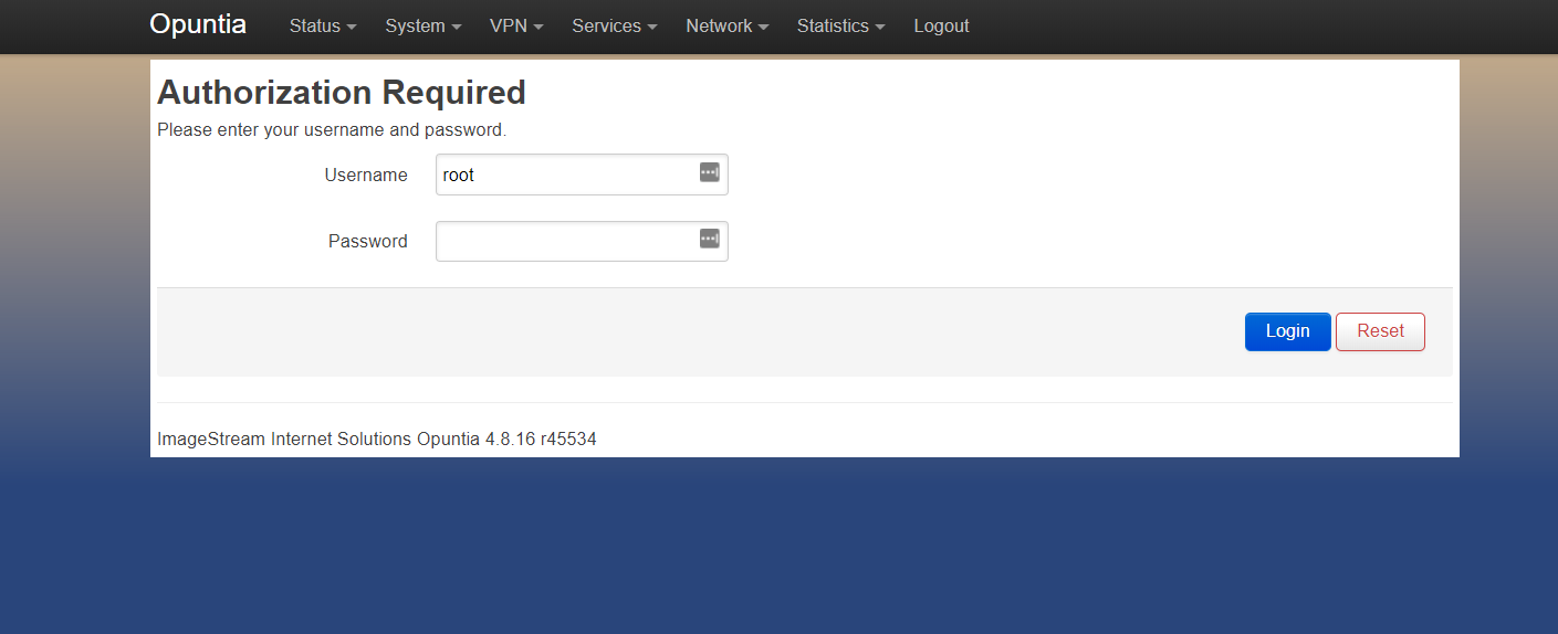Screenshot of the Opuntia login page