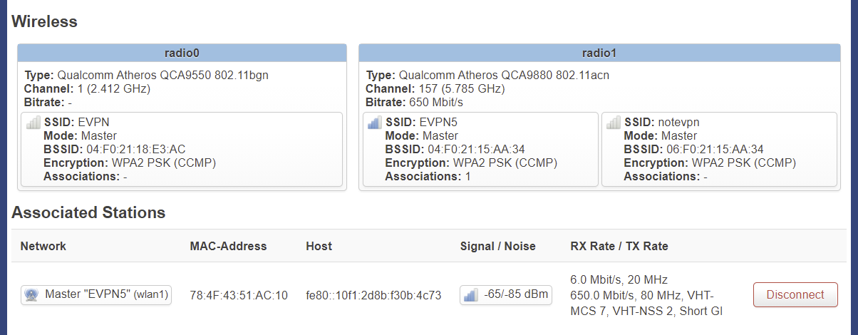 Screenshot showing Wireless Status