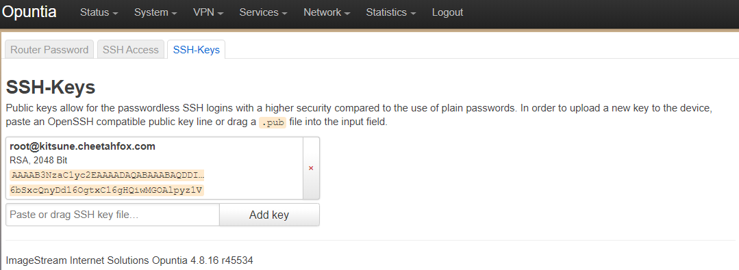 Screenshot of the SSH-Keys menu with a key added