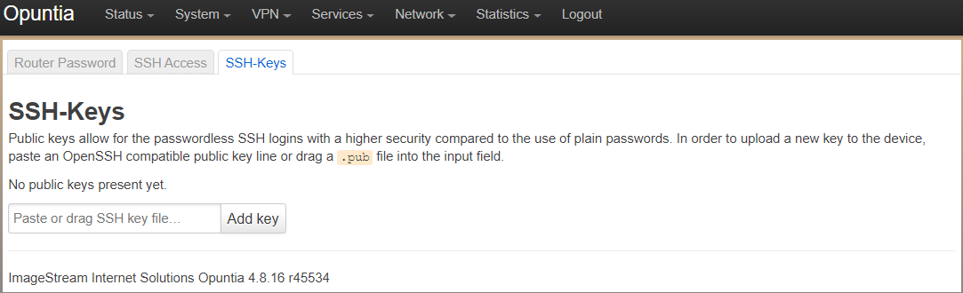 Screenshot of the SSH-Keys menu