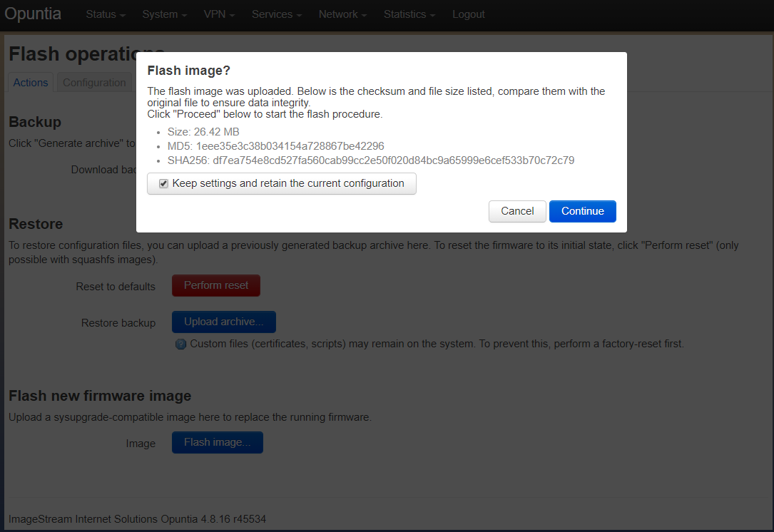 Screenshot of the firmware Flash confirmation page
