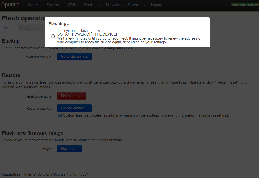 Screenshot of the system flashing