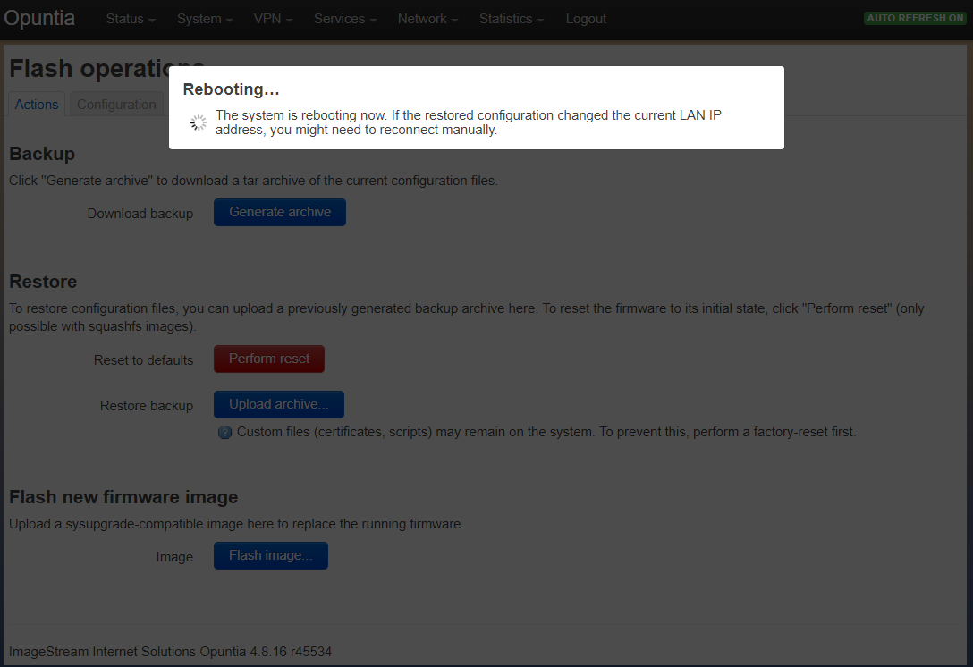 Screenshot of the system rebooting after a configuration up.