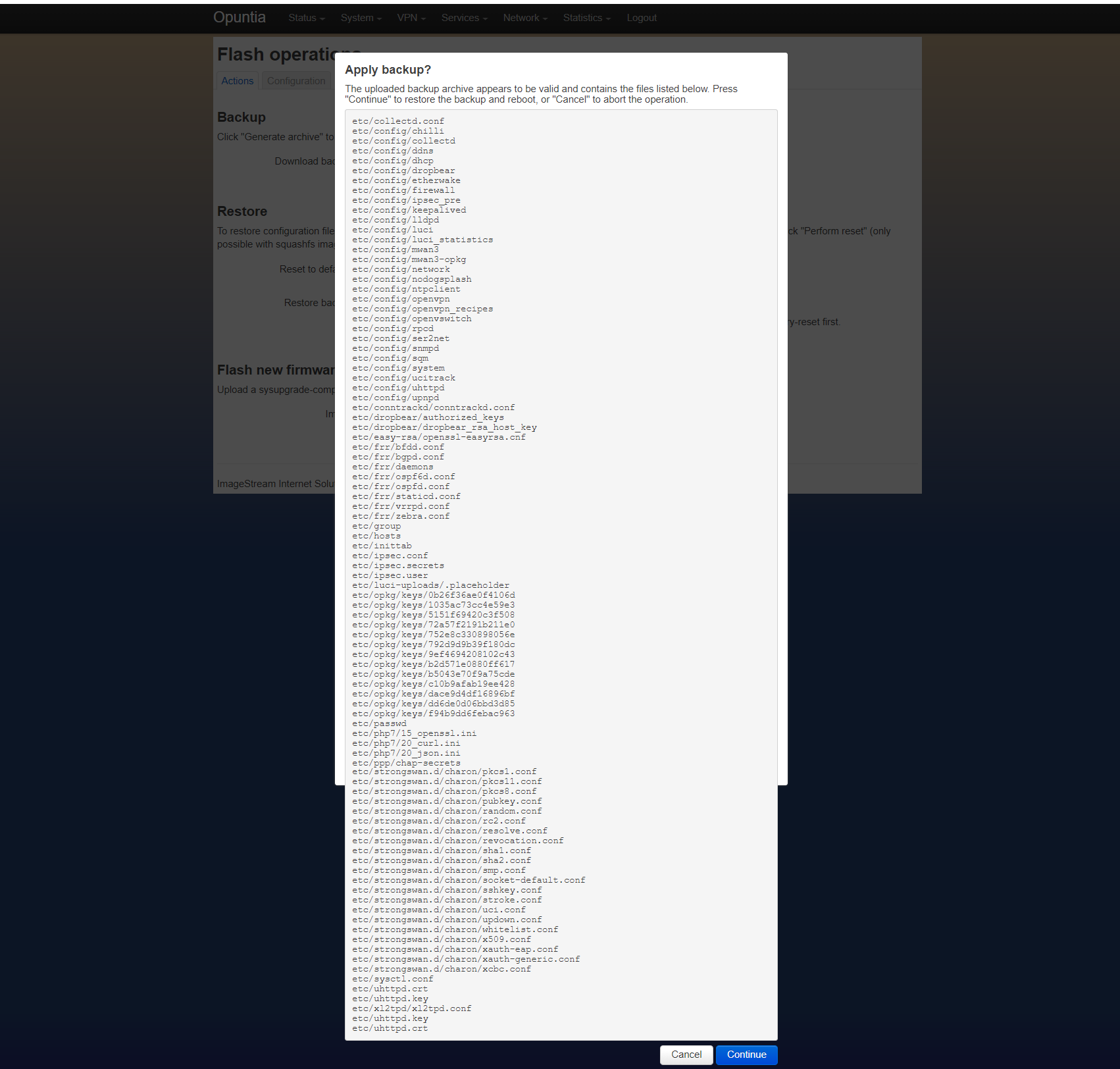 Screenshot of the backup restore confermation page