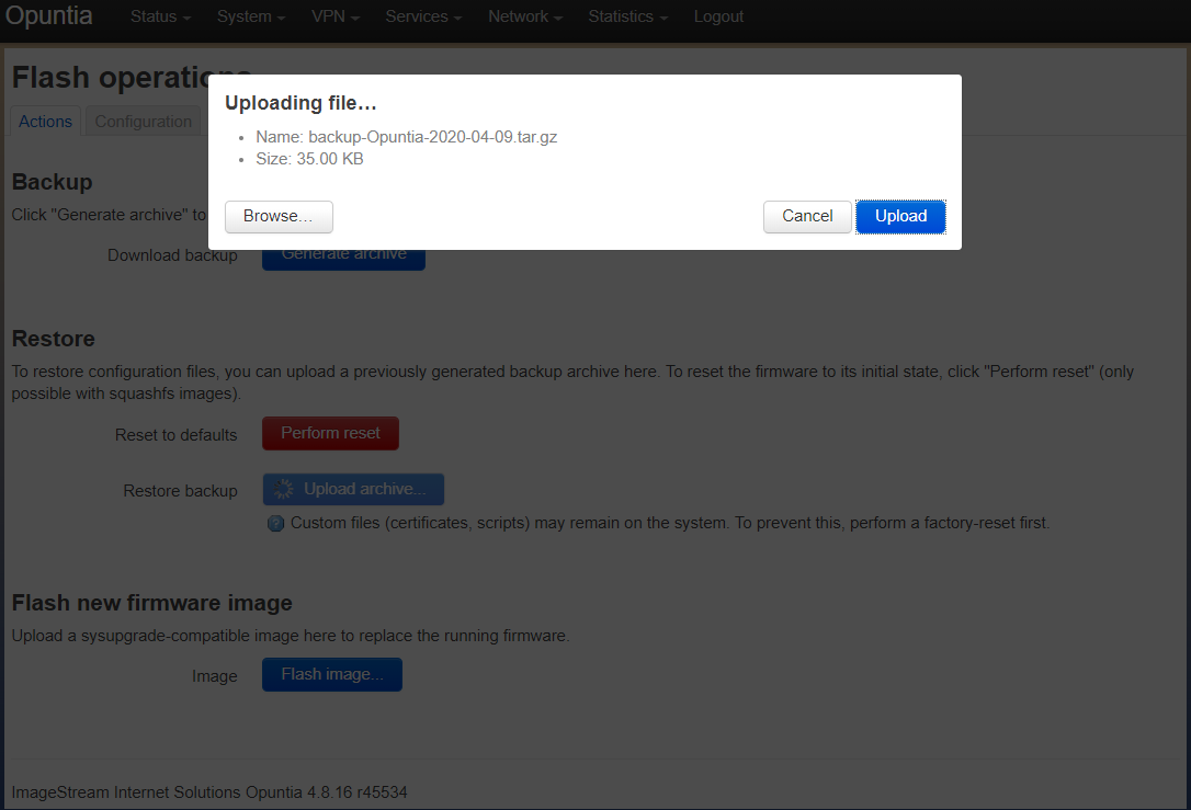 Screenshot of the backup uploading