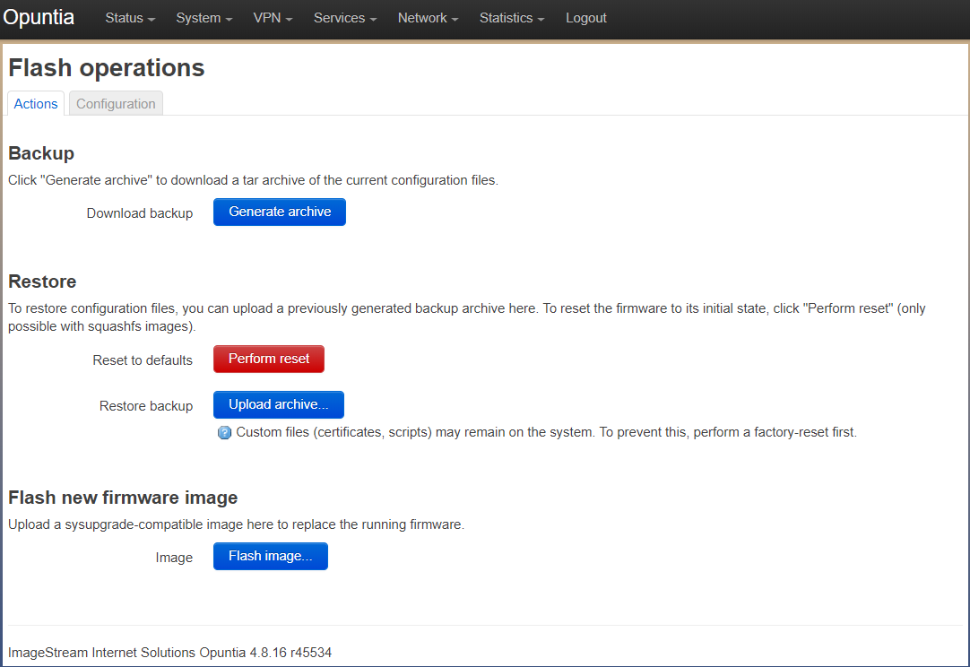 The Backup/Restore and flash page