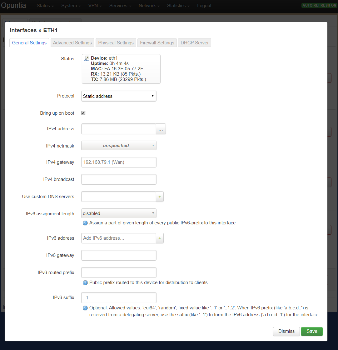 Screenshot of editing an interfaces with the static protocol