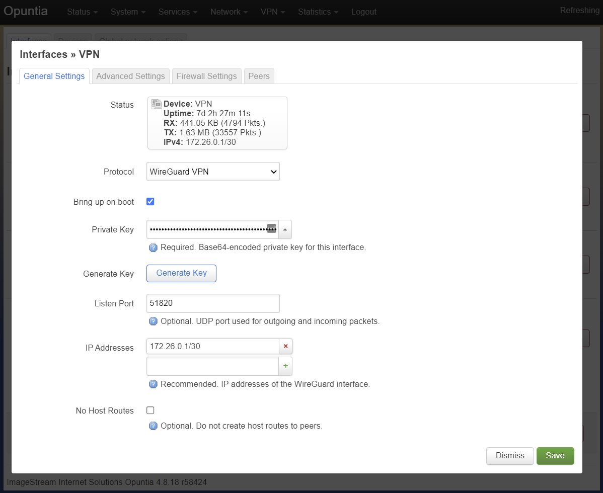 Screenshot showing WireGuard Interface configuraion