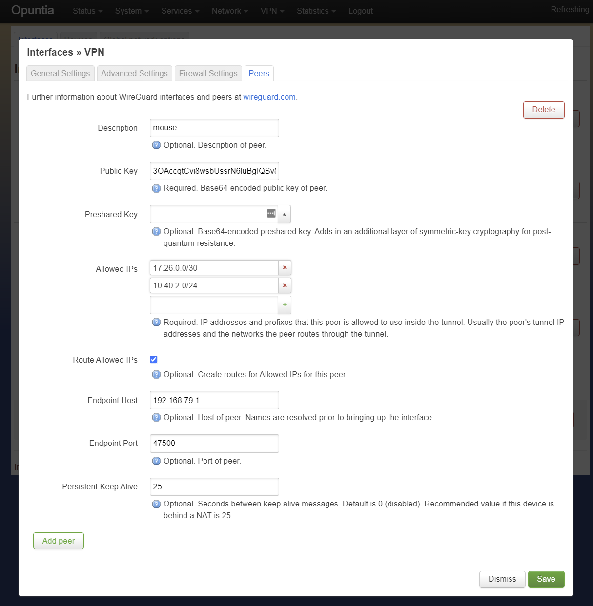 Screenshot showing WireGuard Interface configuraion